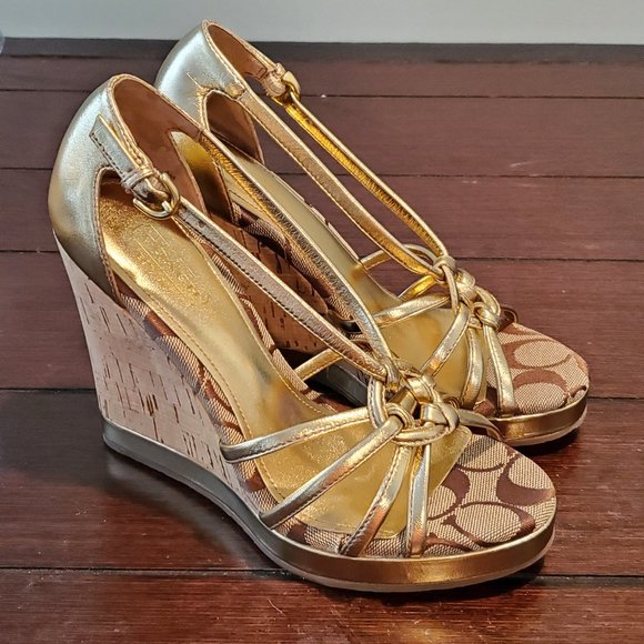 Coach Joslin Light Gold Strappy Wedge Size 5 - Picture 1 of 6